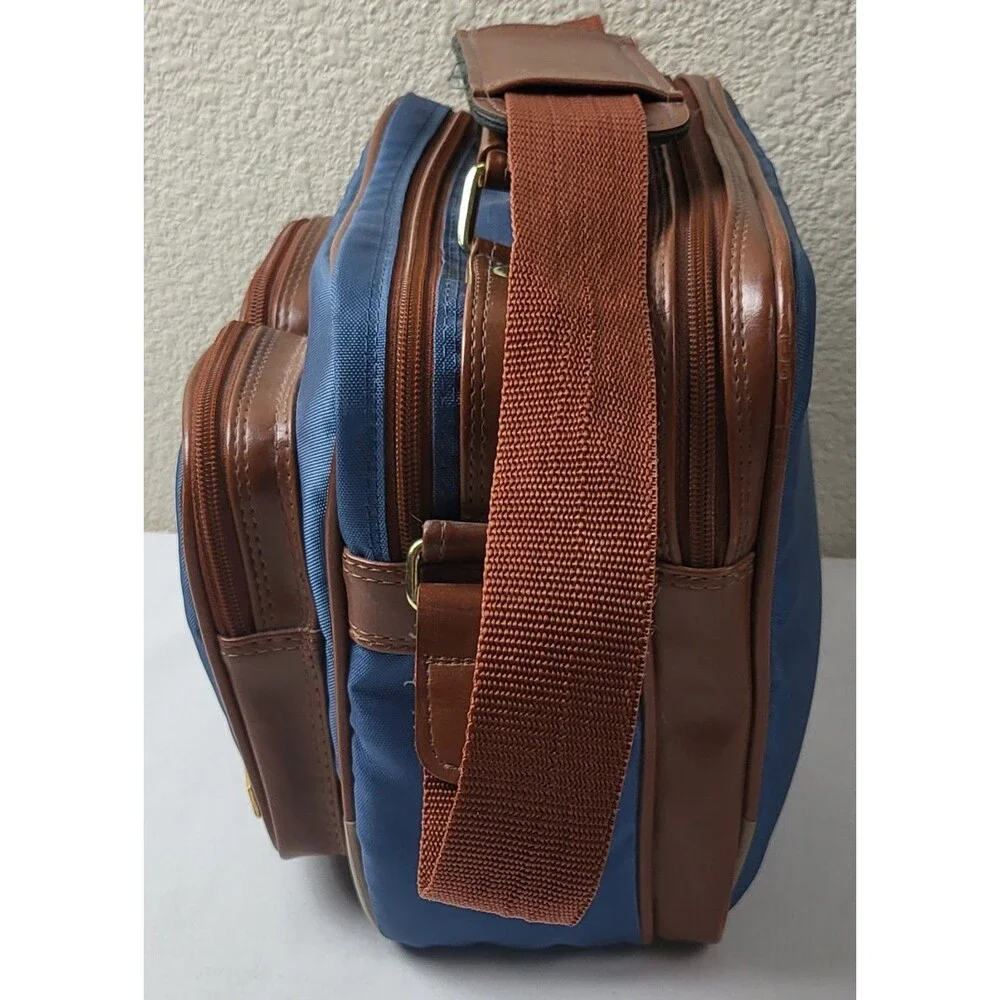 Vtg Albinar Leather/Canvas Camera Bag 4 Zip Pockets Shoulder Strap Blue/Brown